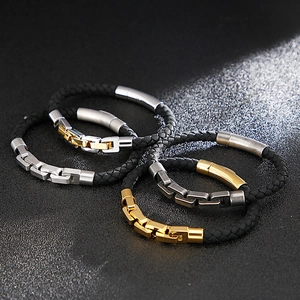 Men's woven leather bracelets with stainless steel clasps in black, gold and silver