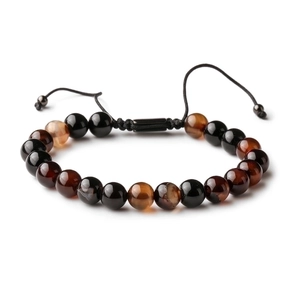 Handmade woven tiger eye and black agate beaded bracelet for couples with adjustable cord