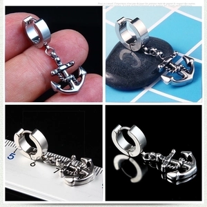 Polished stainless steel anchor charm hoop earrings for men and women with rope detail