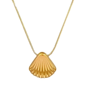 Minimalist gold titanium steel necklace featuring a textured shell pendant and snake chain