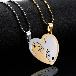 Cat Pendant Necklace Stainless Steel Heart Shaped Puzzle Splicing Hollow Out Minimalist Cute For Couples Friends Lovers Jewelry