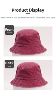 Detail view of washed cotton bucket hat in vintage burgundy showing front and back profiles