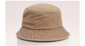 Close-up of khaki cotton bucket hat showing durable fabric and precise brim stitching