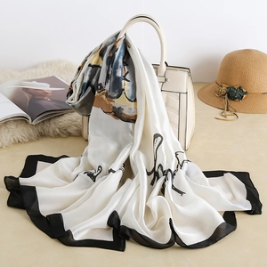 Elegant Lotus Print Imitation Silk Scarf For Women Lightweight Sun Protection Shawl Large Floral Satin Wrap For Beach Daily
