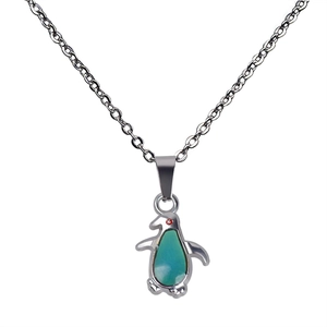 Close-up of penguin pendant necklace featuring color-changing mood stone in silver finish