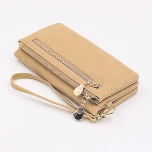 Long beige PU leather wallet with double zippers and detachable wrist strap macro view
