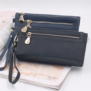 Cartera larga vintage para mujer en cuero PU negro y azul marino con cremallera dorada