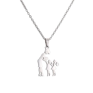 Polished stainless steel necklace featuring a mother and two daughters silhouette pendant