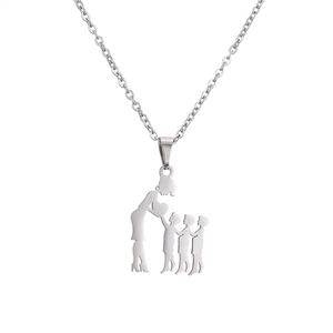 Polished stainless steel necklace featuring a silhouette pendant of a mother and three children