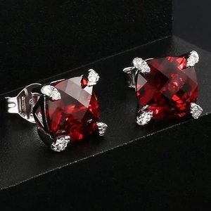 Hip hop 8mm cushion-cut red zircon stud earrings with silver metal and halo accents