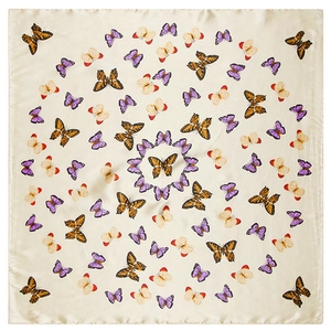 Elegant beige silk square scarf featuring vibrant orange and purple butterfly patterns