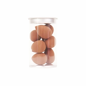 Set of 8 brown mini teardrop makeup sponges in a transparent cylindrical container