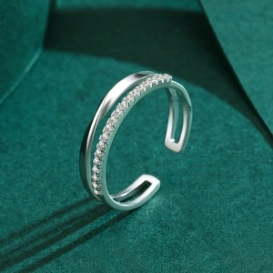 S925 sterling silver double-layer crisscross ring with pavé cubic zirconia and adjustable opening