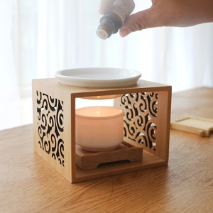 Bamboo and ceramic aromatherapy oil burner set with candle and essential oil tray