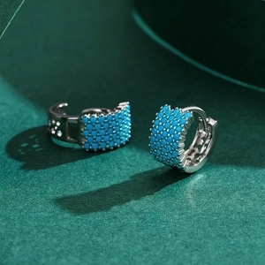 Elegant S925 sterling silver hoop earrings with micro-paved turquoise blue stones