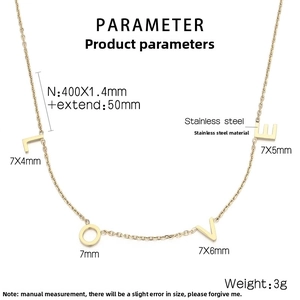 Dimensions détaillées du collier lettres LOVE en acier inoxydable doré avec mesures