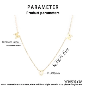 Detail view of MOM pendant necklace in golden stainless steel with exact measurements