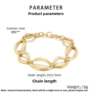 Detail view of golden stainless steel chain bracelet with product dimensions and specifications