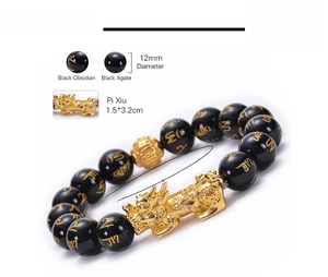 Vue détaillée des perles d'obsidienne de 12mm et du Pixiu doré avec spécifications