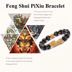 Bracelet feng shui pour homme en obsidienne avec breloque Pi Xiu dorée et perles