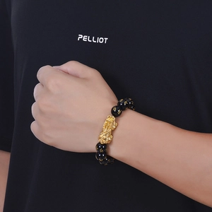 Bracelet Pixiu en obsidienne pour homme avec charme doré et perles gravées