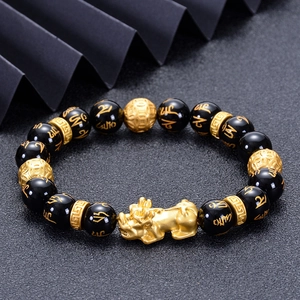Obsidian beaded Pi Xiu bracelet with golden six-word mantra and lucky transfer beads