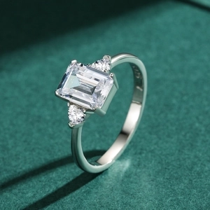 Sparkling S925 sterling silver emerald cut zircon ring with side stones for women