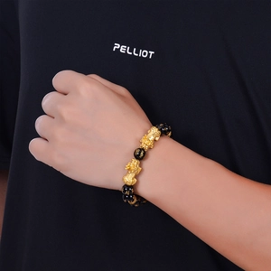10mm Black Agate Bracelet with Gold PiXiu Charms and Mantra Engraved Obsidian Beads
