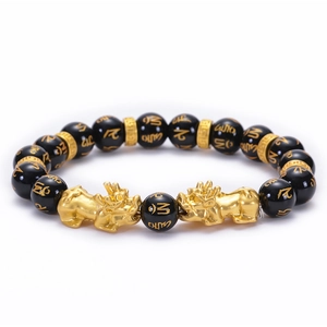 Natural Black Agate Obsidian Bracelet With Gold Plated Pi Xiu Six Syllable Mantra Beads Feng Shui Wealth Luck For Unisex