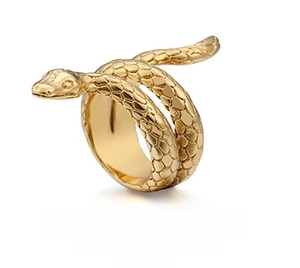 Detailed view of a gold cobra ring with intricate scale texture and punk vintage style