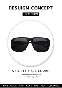 Detail view of modern oversized square black sunglasses featuring UV protection lenses