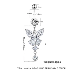Surgical steel belly button ring with butterfly pendant and zircon stones size details