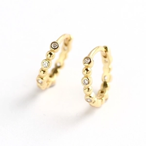 Polished S925 sterling silver gold hoop earrings with beaded pattern and sparkling zircons