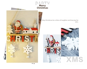 Detail of wooden Christmas door hanger with Santa Claus, mini houses and white snowflakes