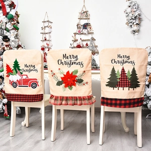 Christmas Chair Back Covers Linen Burlap Buffalo Plaid Trim Embroidery Red Truck Gnomes Poinsettia Festive Dining Decor