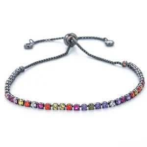 Colorful rainbow zircon bracelet with black metal base and adjustable sliding buckle clasp