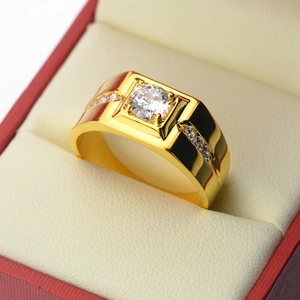 Luxurious gold-plated men's ring with large round zircon center and side accents