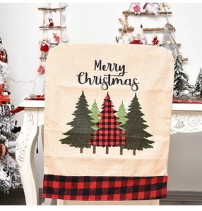 Linen Christmas chair cover featuring Merry Christmas text and red plaid tree details