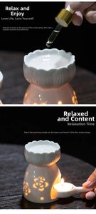 Ceramic essential oil burner with hollow flower design and long handle candle holder tray