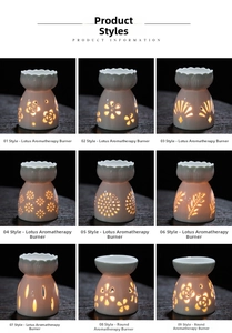 Grid display of nine ceramic essential oil burners with various hollow floral patterns