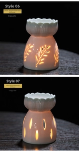 Close-up of hollowed-out lotus ceramic aromatherapy burner with warm glowing light effect