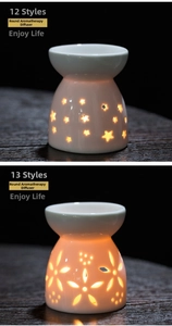 Close-up of cream ceramic essential oil burners with star and petal cutouts on wood