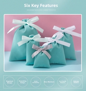 Set of four velvet drawstring jewelry pouches in Tiffany blue with satin ribbons