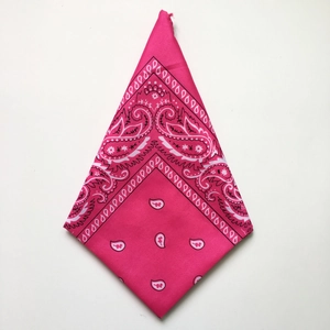 Detailed view of pink Paisley patterned cotton bandana folded into a triangle shape