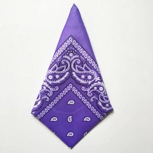 Detail view of purple paisley polyester bandana folded in a triangle for hip-hop style