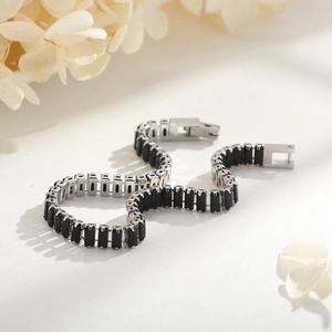 6mm silver stainless steel tennis bracelet with rectangular black zircon stones