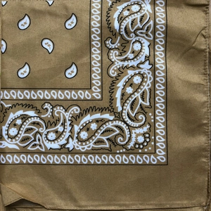 Close-up of brown paisley bandana fabric showing white and black cashew flower patterns