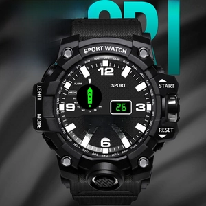 Detail view of the black sports watch dial showing digital time and world city codes