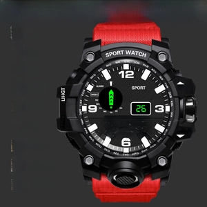Detailed interface showing multi-functional digital sports watch features and red strap