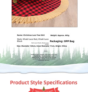 Close-up of red and black buffalo plaid Christmas tree skirt with ruffled burlap edge